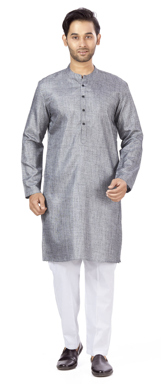 Men's Grey Linen Relaxed Fit Knee Length Kurta (Design 114)