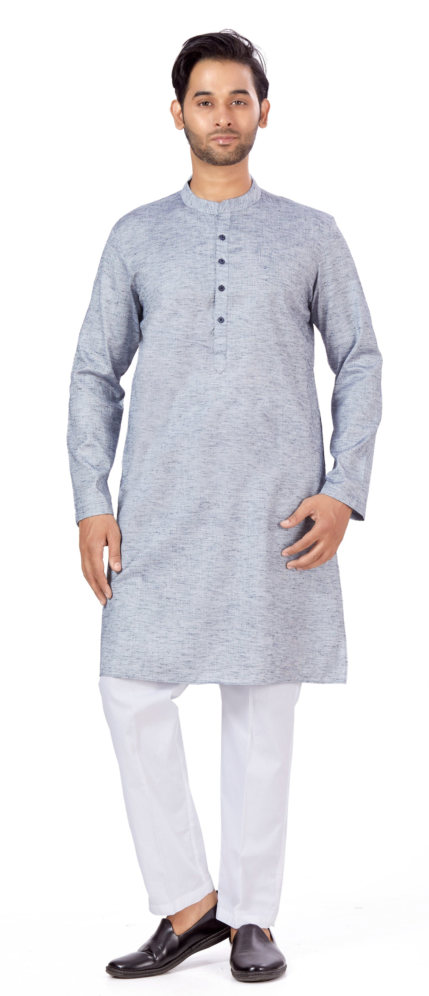 Men's Blue Linen Cotton Blend Relaxed Fit Knee Length Kurta (Design 116)