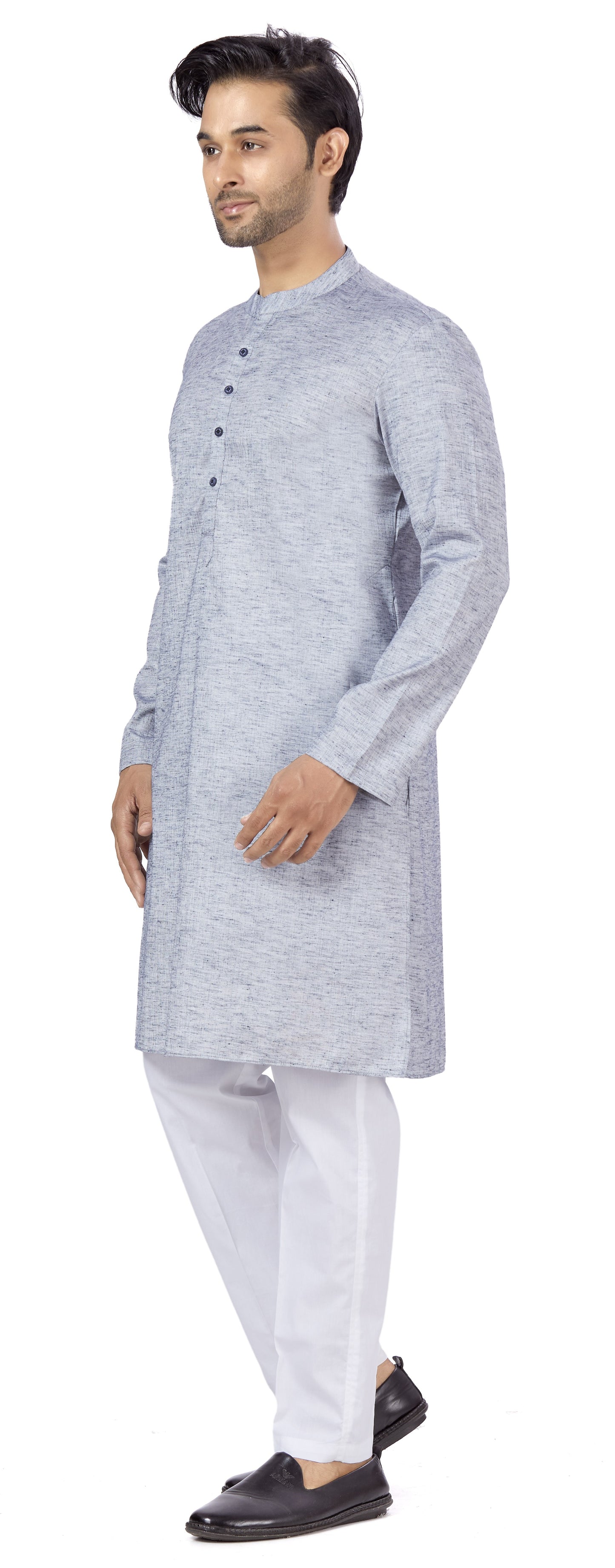 Men's Blue Linen Cotton Blend Relaxed Fit Knee Length Kurta (Design 116)