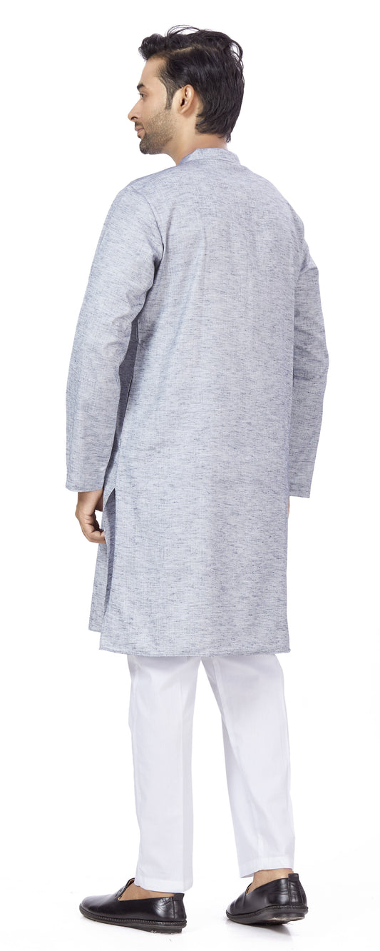 Men's Blue Linen Cotton Blend Relaxed Fit Knee Length Kurta (Design 116)