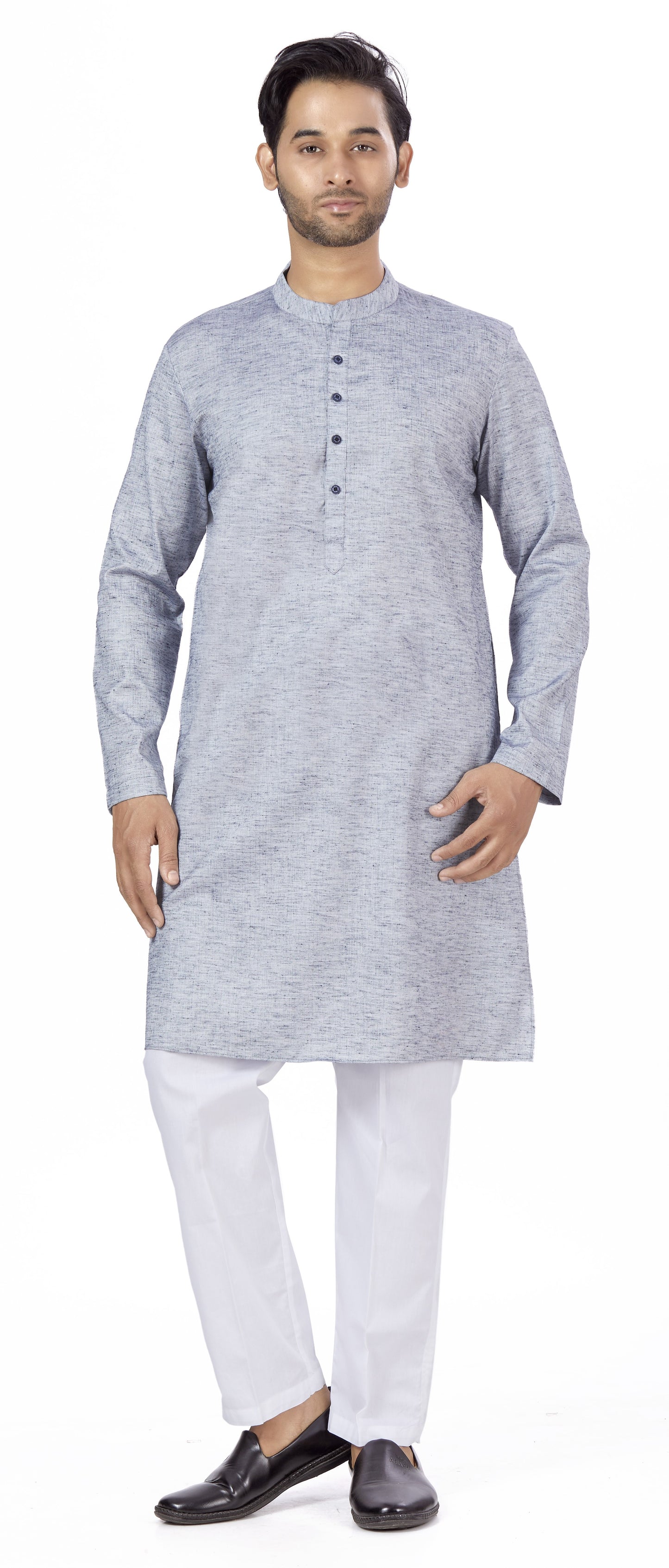 Men's Blue Linen Cotton Blend Relaxed Fit Knee Length Kurta (Design 116)