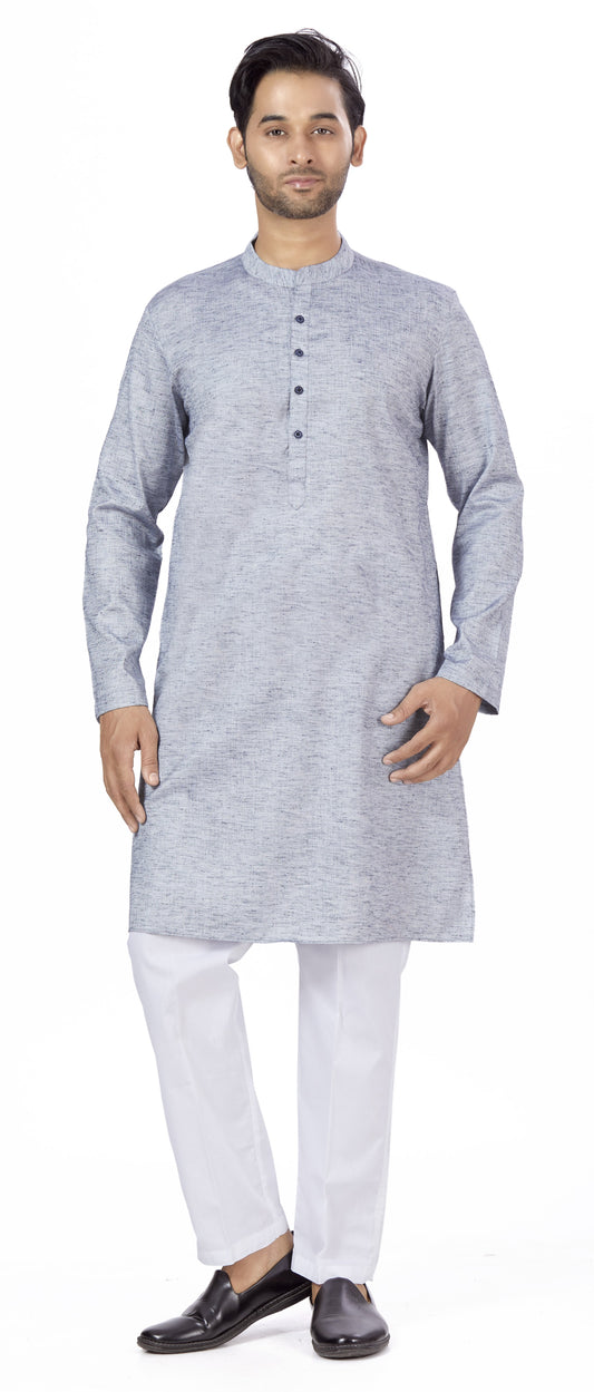 Men's Blue Linen Cotton Blend Relaxed Fit Knee Length Kurta (Design 116)