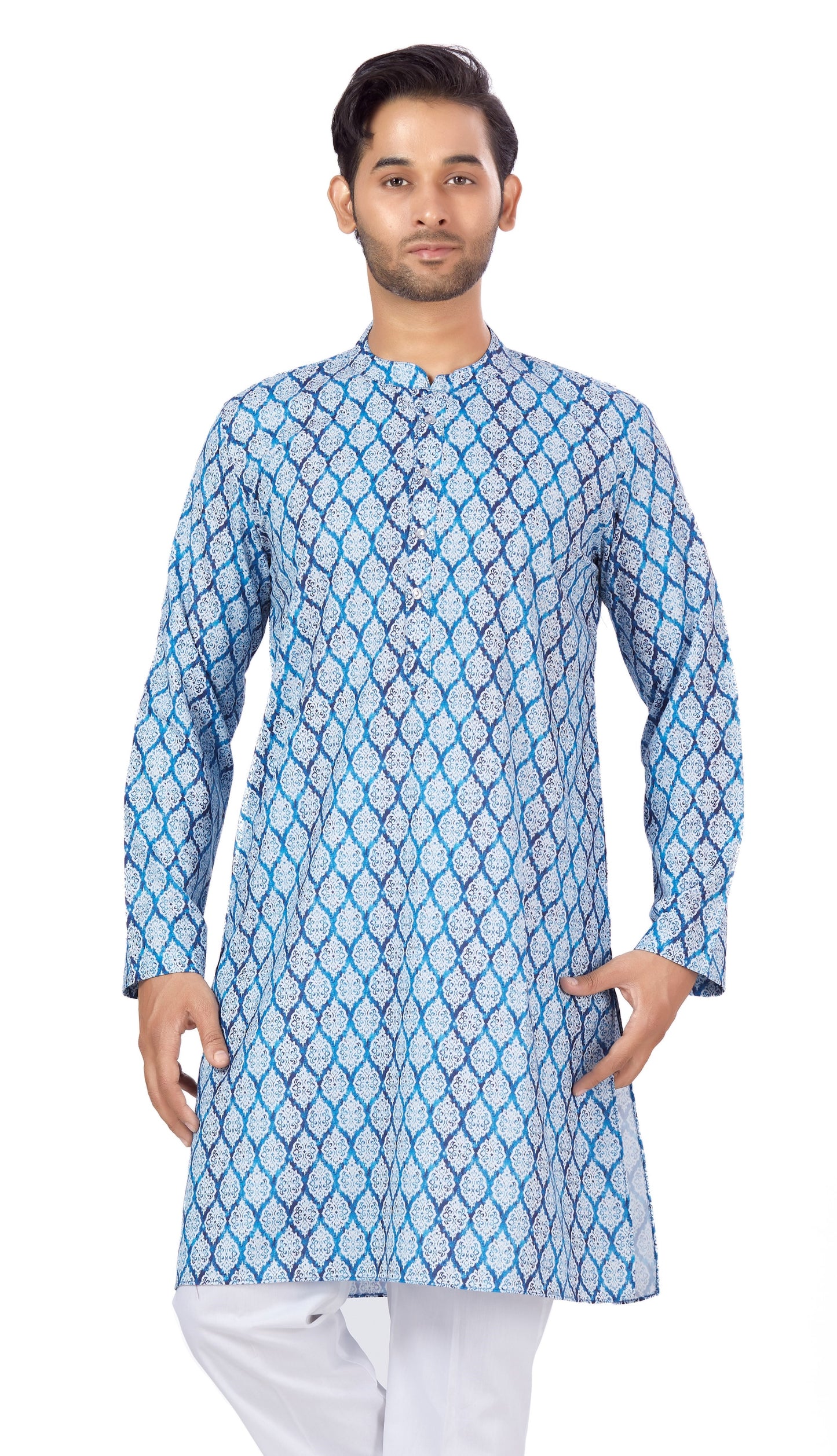 Men's Blue Cotton Blended Relaxed Fit Printed Knee Length Kurta (Design 117)