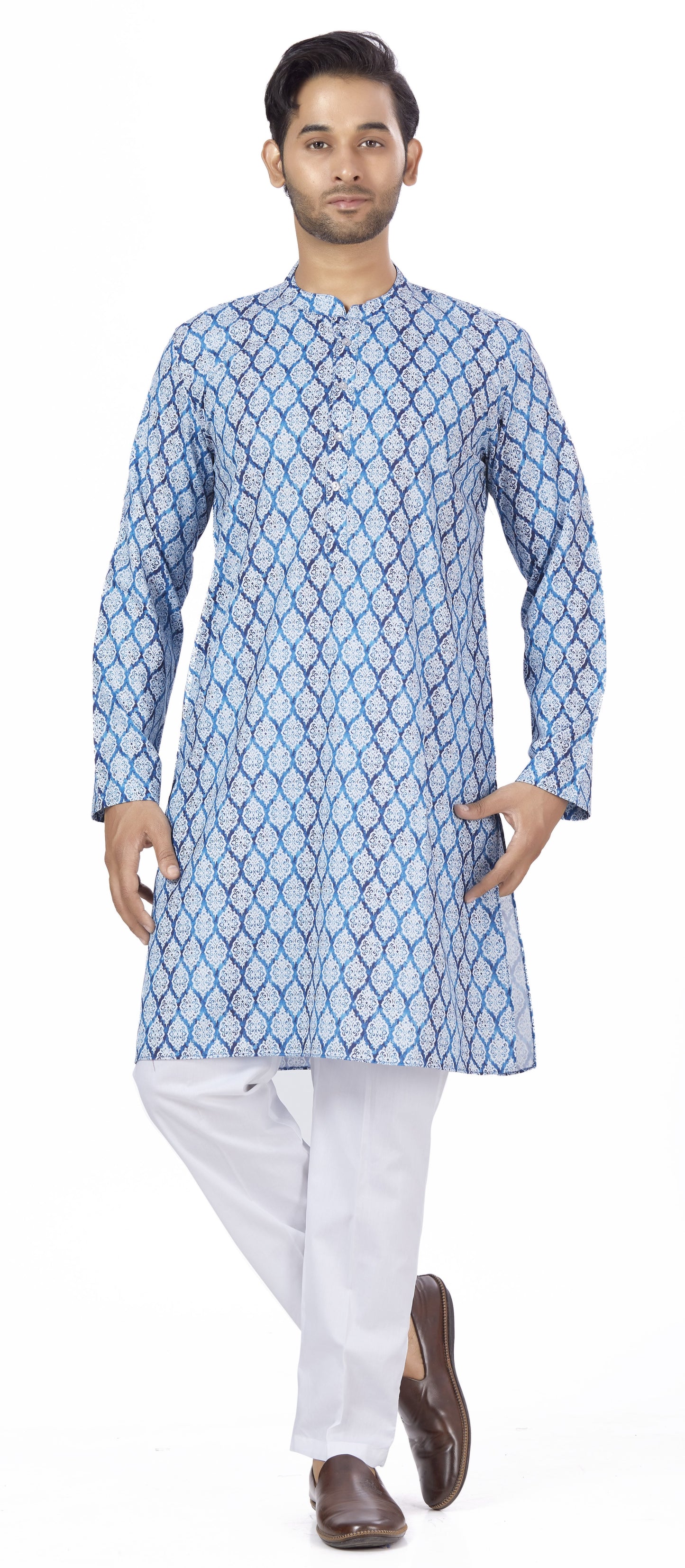 Men's Blue Cotton Blended Relaxed Fit Printed Knee Length Kurta (Design 117)