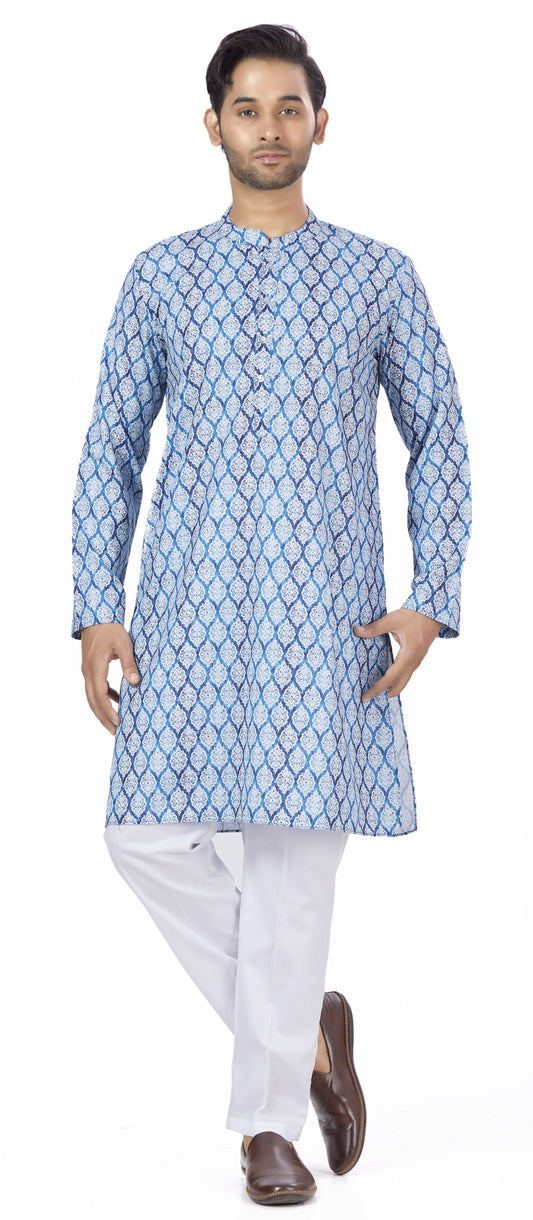 Men's Blue Cotton Blended Relaxed Fit Printed Knee Length Kurta (Design 117)