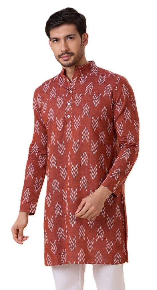 Men's Brown Cotton Blend Relaxed Fit Ikat Printed Knee Length Kurta (Design 119)