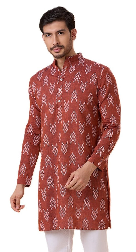 Men's Brown Cotton Blend Relaxed Fit Ikat Printed Knee Length Kurta (Design 119)