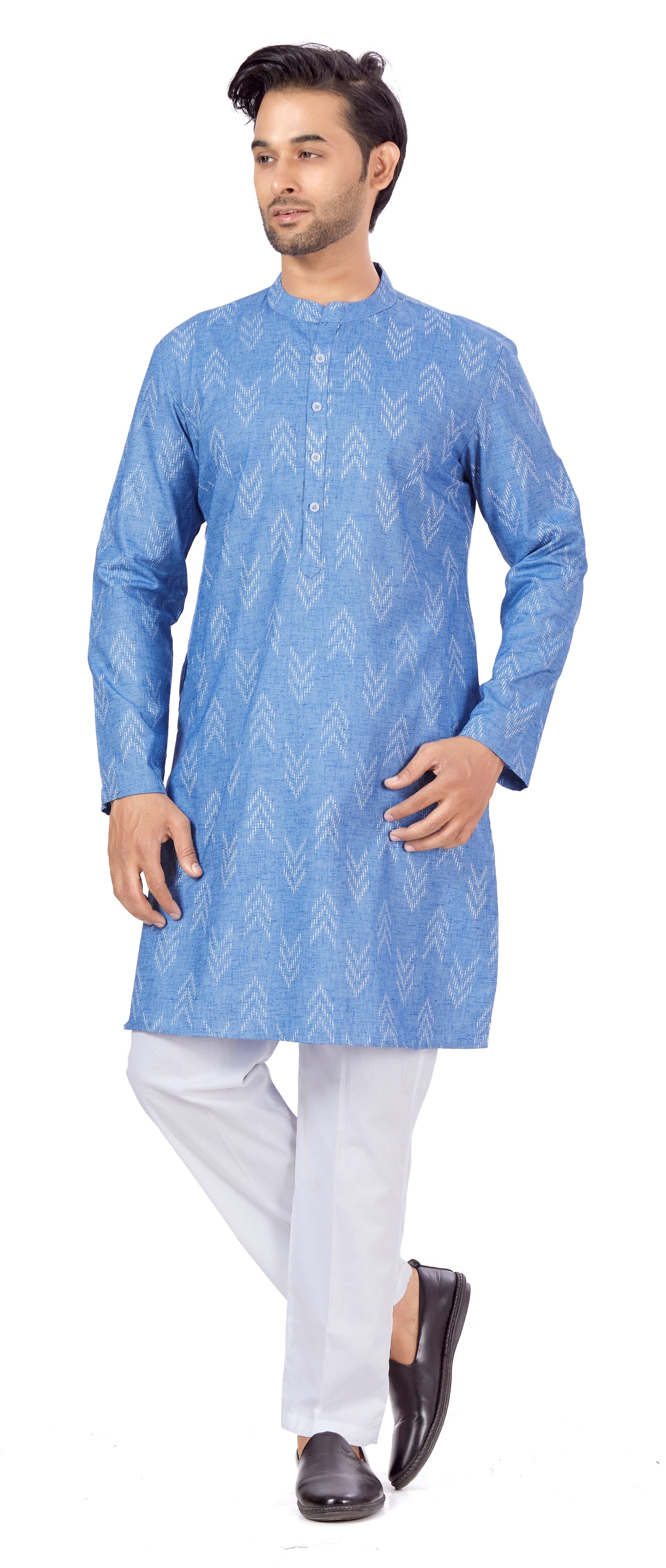Men's Blue Cotton Blend Relaxed Fit Ikat Printed Knee Length Kurta (Design 119)