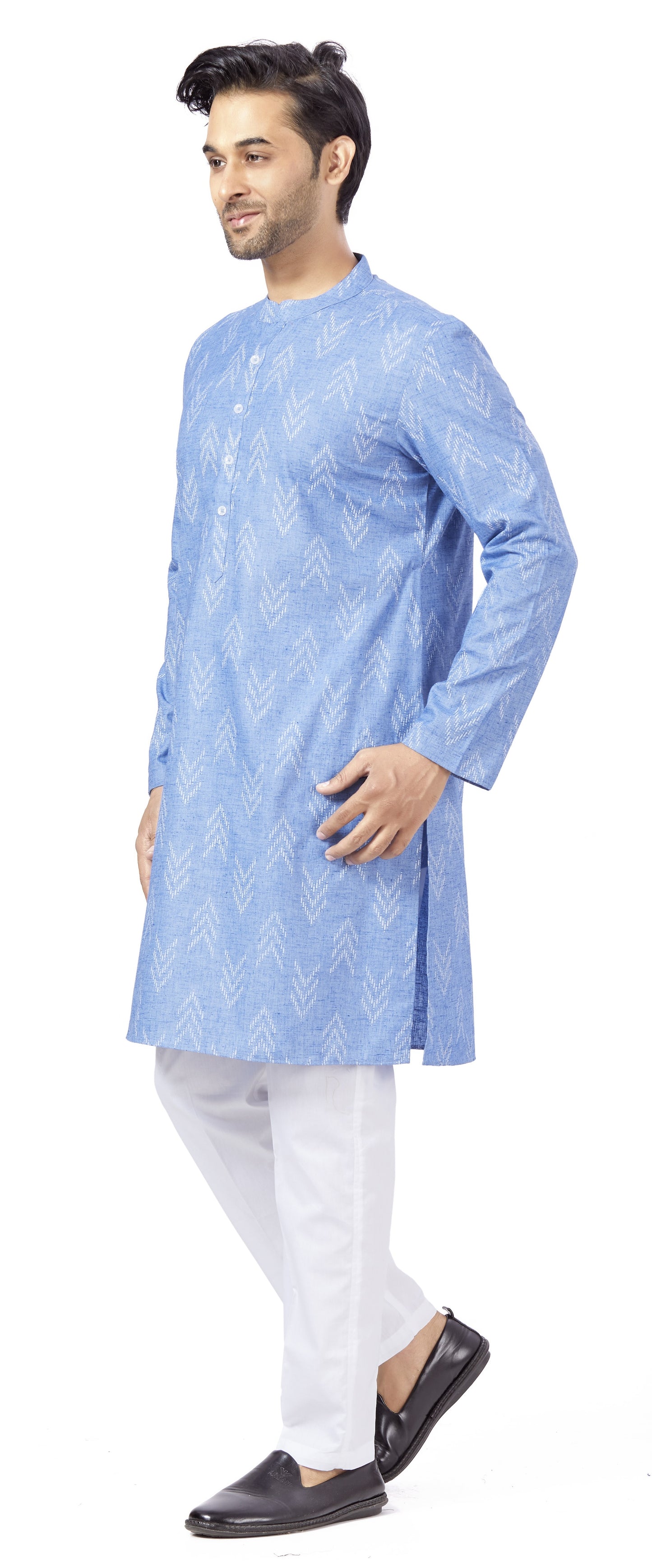 Men's Blue Cotton Blend Relaxed Fit Ikat Printed Knee Length Kurta (Design 119)