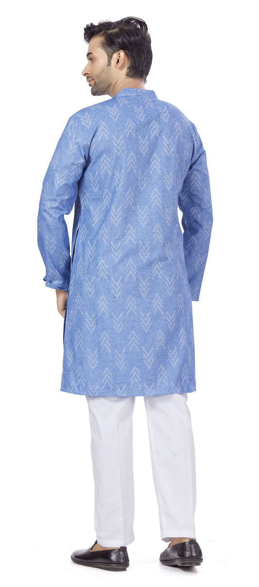 Men's Blue Cotton Blend Relaxed Fit Ikat Printed Knee Length Kurta (Design 119)