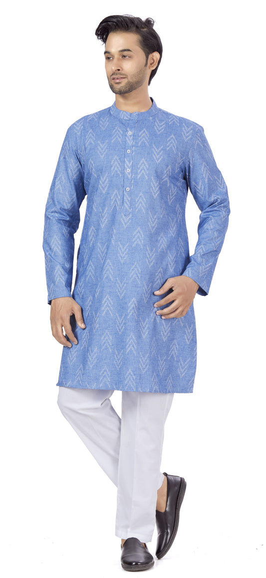Men's Blue Cotton Blend Relaxed Fit Ikat Printed Knee Length Kurta (Design 119)