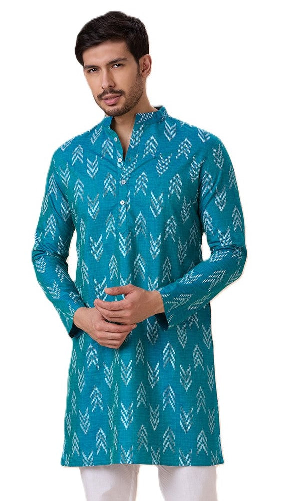 Men's Firozi Cotton Blend Relaxed Fit Ikat Printed Knee Length Kurta (Design 119)