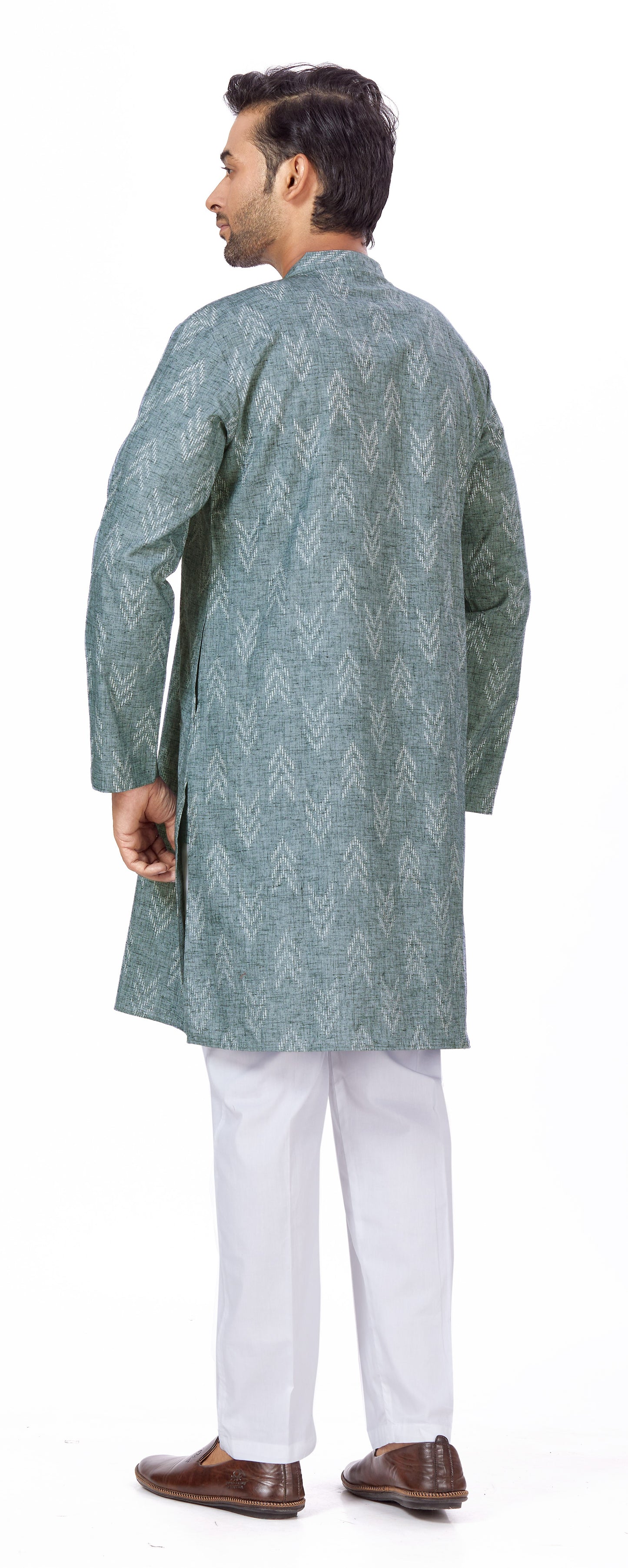 Men's Grey Cotton Blend Relaxed Fit Ikat Printed Knee Length Kurta (Design 119)