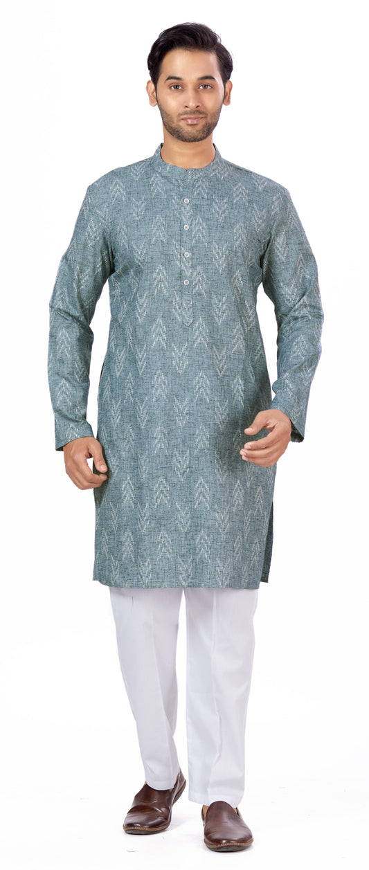 Men's Grey Cotton Blend Relaxed Fit Ikat Printed Knee Length Kurta (Design 119)