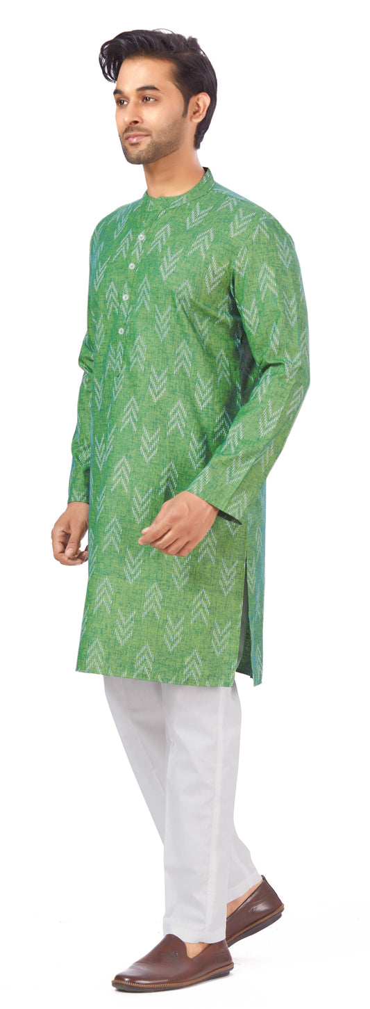 Men's Green Cotton Blend Relaxed Fit Ikat Printed Knee Length Kurta (Design 119)