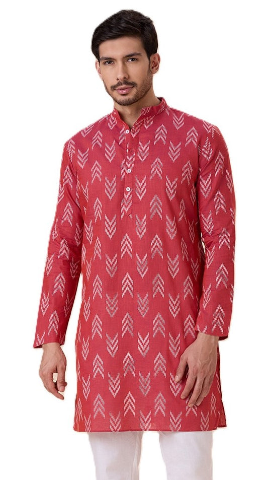 Men's Light Maroon Cotton Blend Relaxed Fit Ikat Printed Knee Length Kurta (Design 119)
