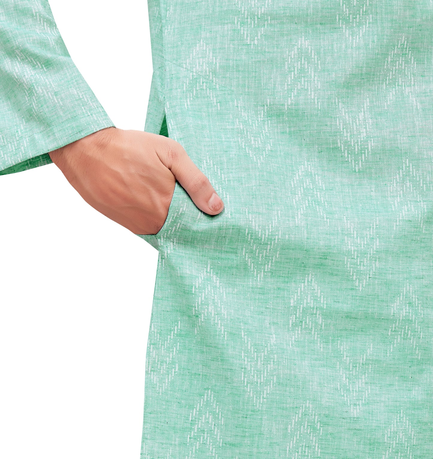 Men's Mint Cotton Blend Relaxed Fit Ikat Printed Knee Length Kurta (Design 119)