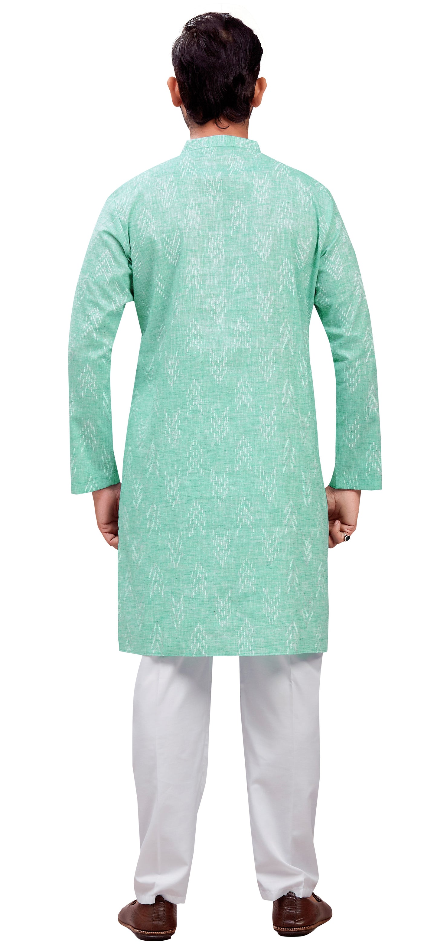 Men's Mint Cotton Blend Relaxed Fit Ikat Printed Knee Length Kurta (Design 119)