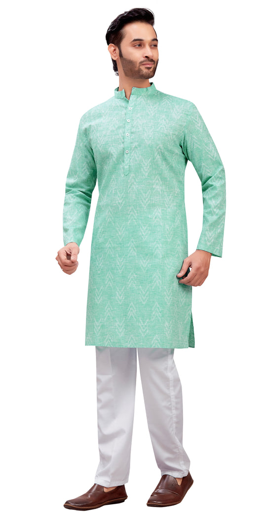 Men's Mint Cotton Blend Relaxed Fit Ikat Printed Knee Length Kurta (Design 119)
