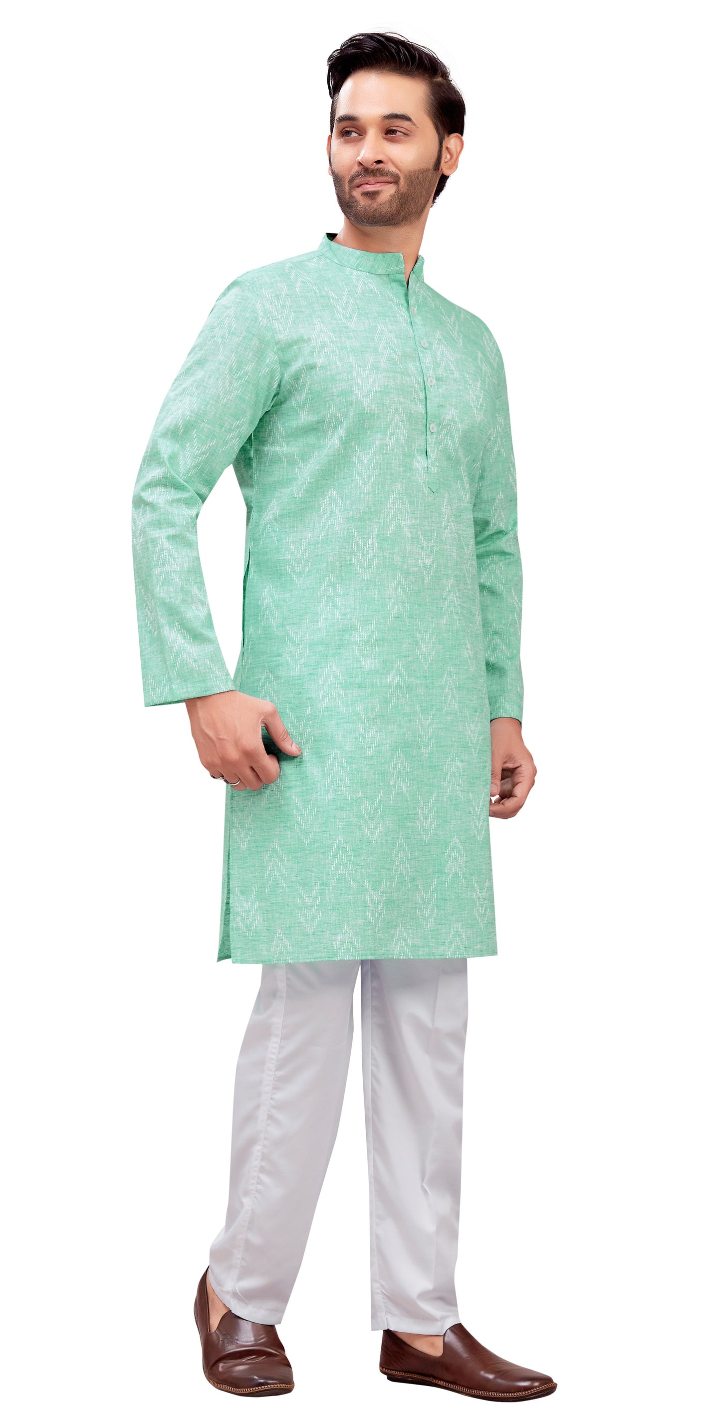 Men's Mint Cotton Blend Relaxed Fit Ikat Printed Knee Length Kurta (Design 119)