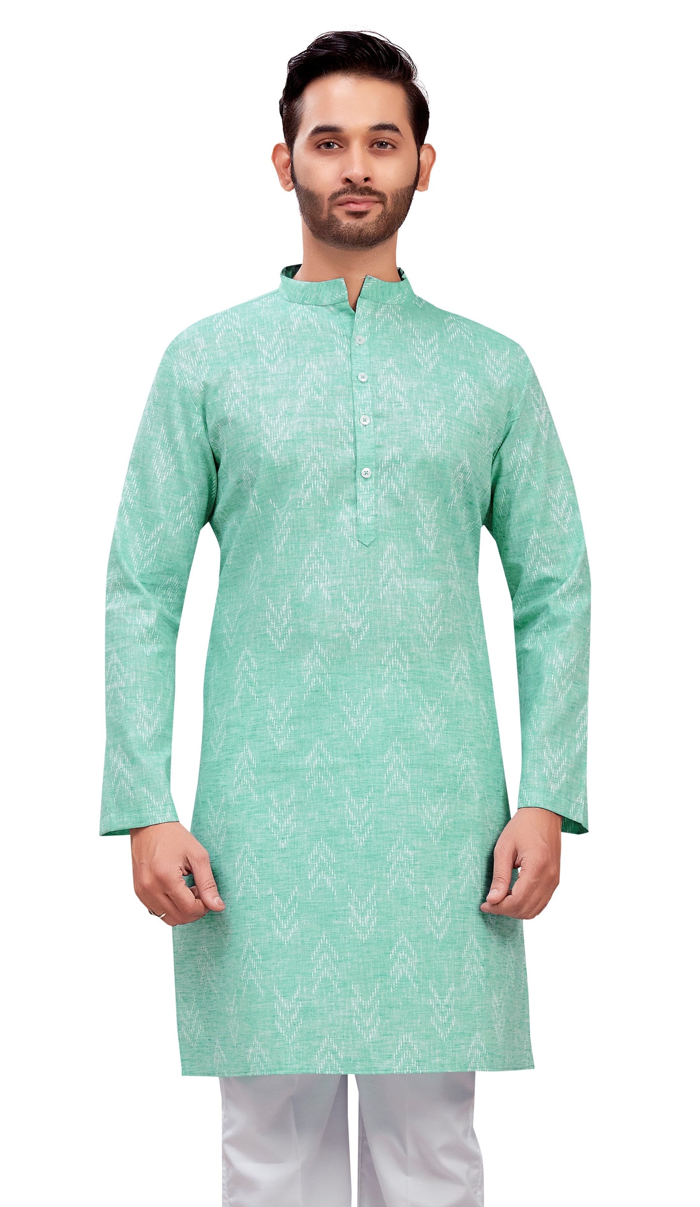 Men's Mint Cotton Blend Relaxed Fit Ikat Printed Knee Length Kurta (Design 119)