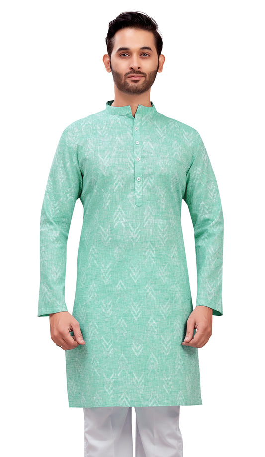 Men's Mint Cotton Blend Relaxed Fit Ikat Printed Knee Length Kurta (Design 119)