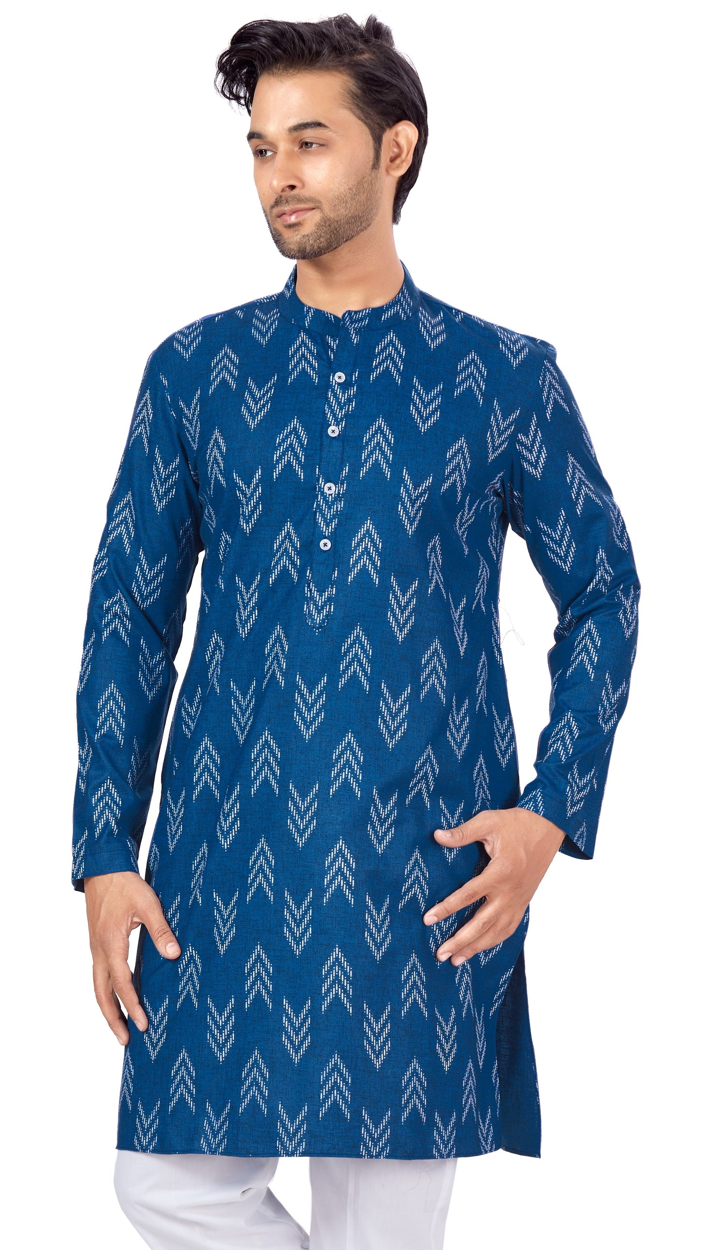 Men's Navy Blue Cotton Blend Relaxed Fit Ikat Printed Knee Length Kurta (Design 119)