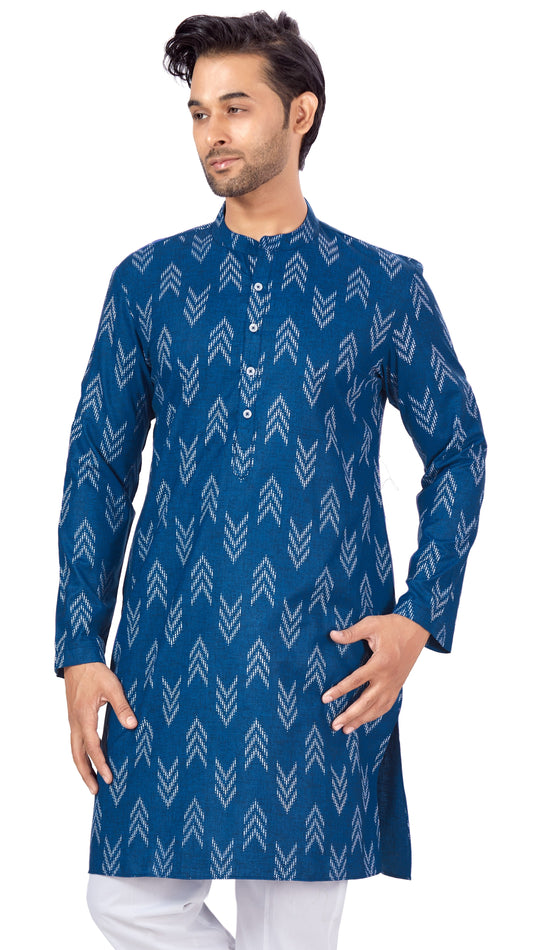 Men's Navy Blue Cotton Blend Relaxed Fit Ikat Printed Knee Length Kurta (Design 119)