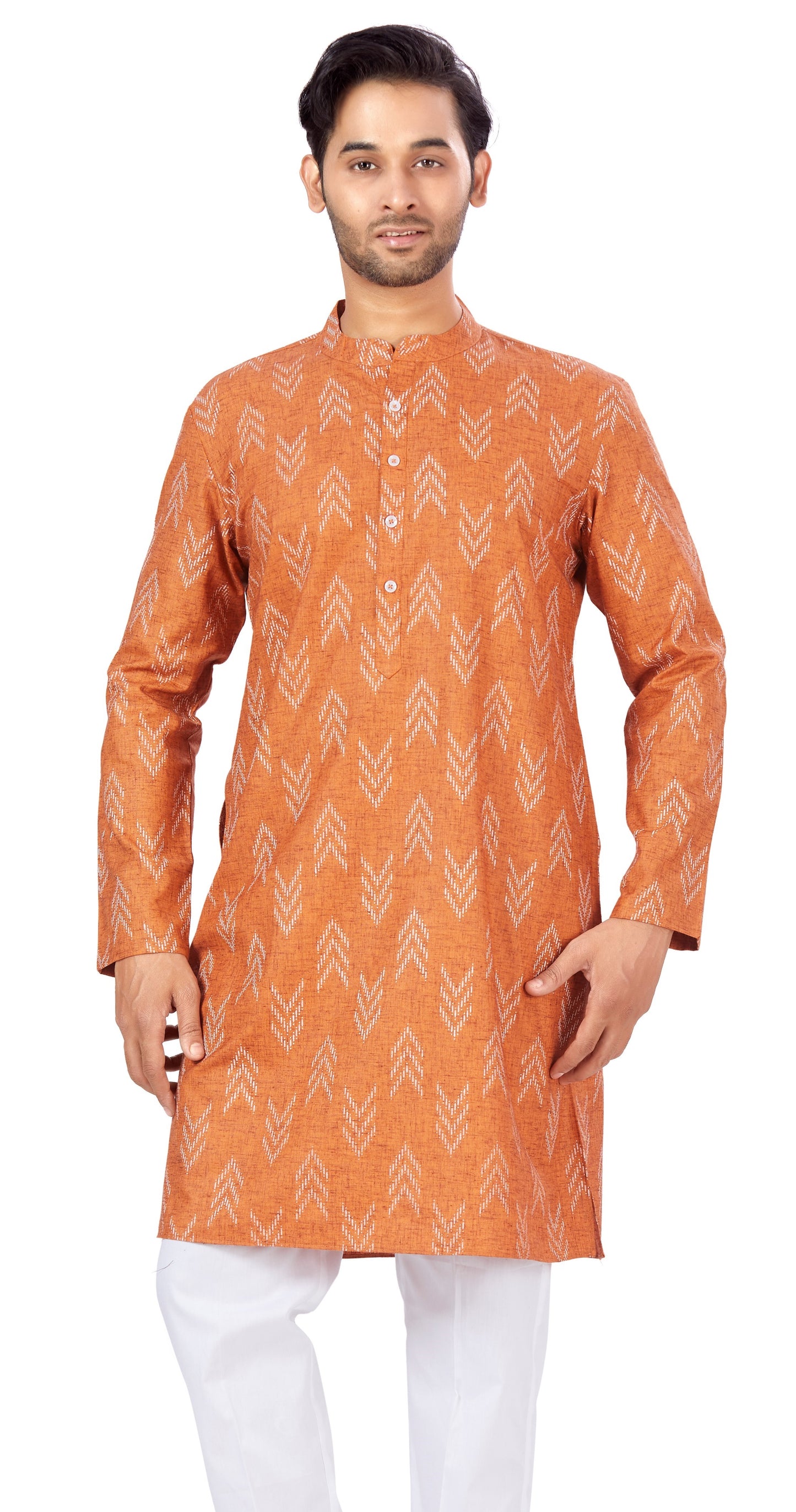 Men's Orange Cotton Blend Relaxed Fit Ikat Printed Knee Length Kurta (Design 119)