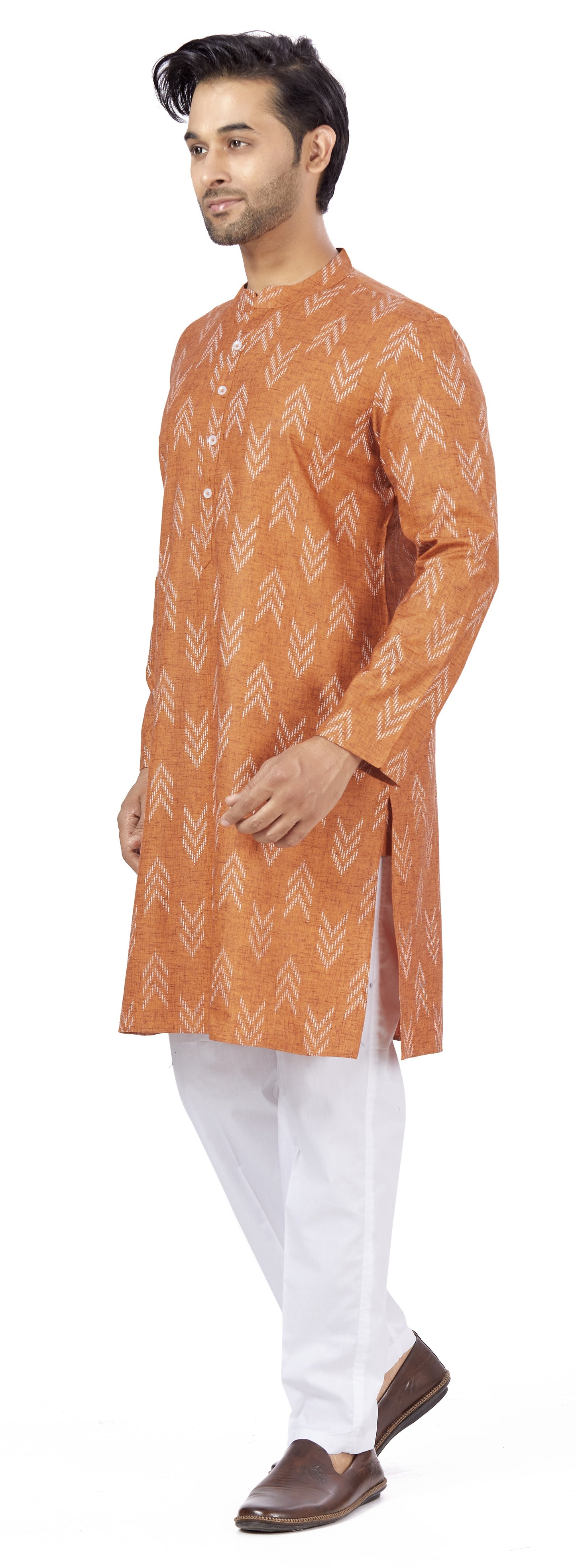 Men's Orange Cotton Blend Relaxed Fit Ikat Printed Knee Length Kurta (Design 119)