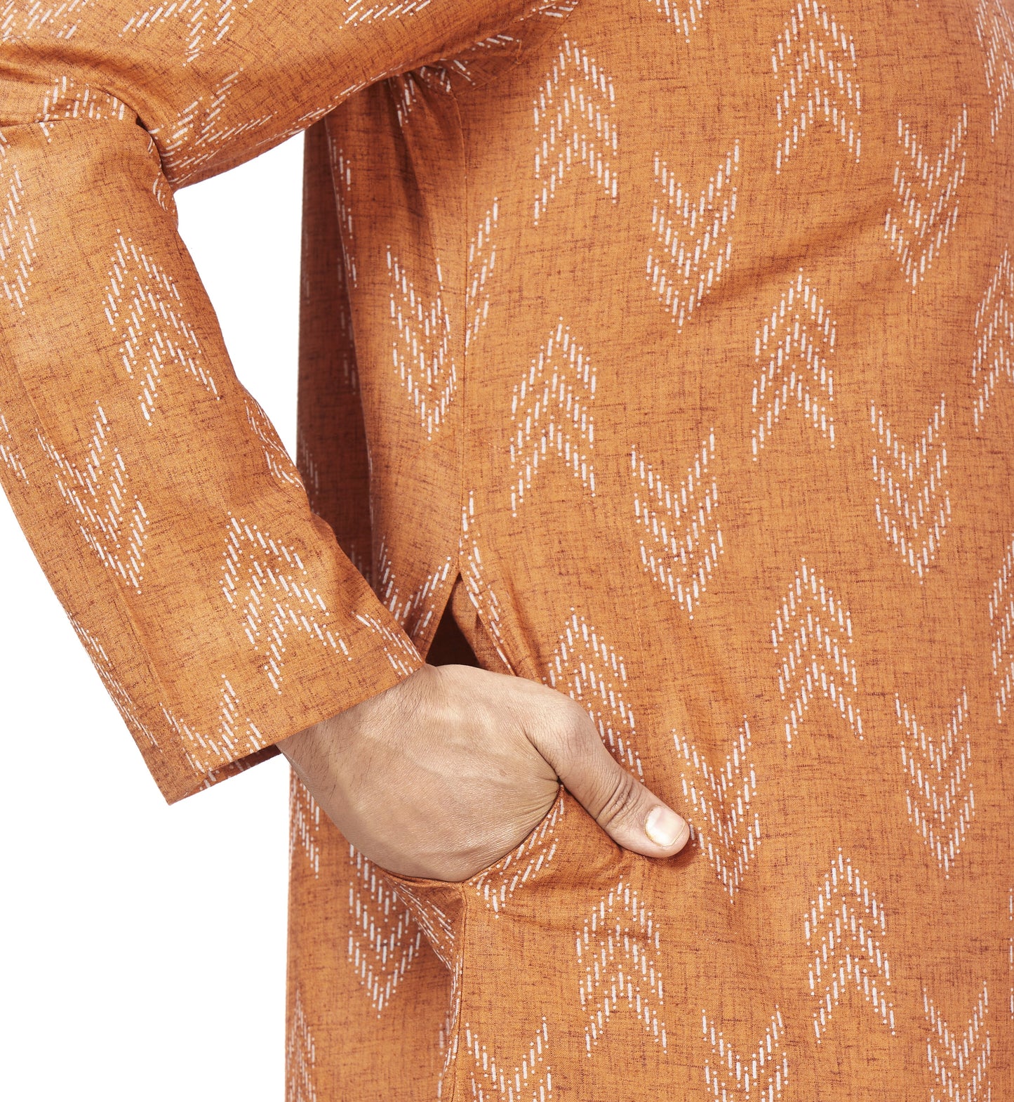 Men's Orange Cotton Blend Relaxed Fit Ikat Printed Knee Length Kurta (Design 119)
