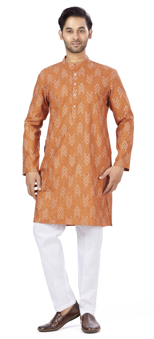 Men's Orange Cotton Blend Relaxed Fit Ikat Printed Knee Length Kurta (Design 119)
