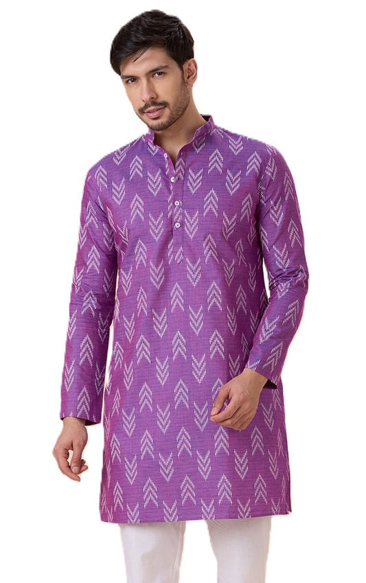 Men's Purple Cotton Blend Relaxed Fit Ikat Printed Knee Length Kurta (Design 119)