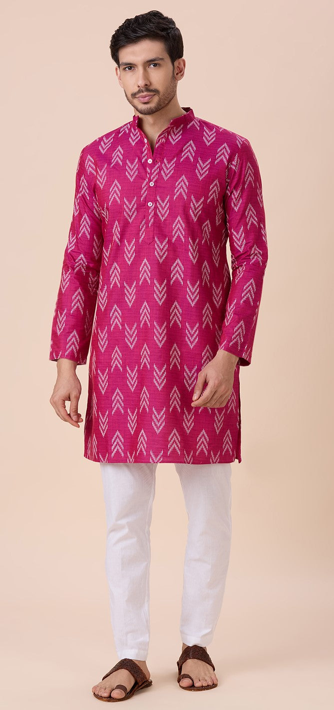 Men's Rani Cotton Blend Relaxed Fit Ikat Printed Knee Length Kurta (Design 119)