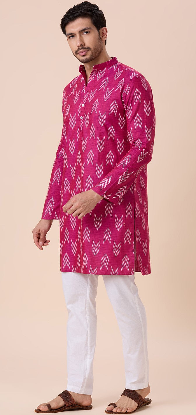 Men's Rani Cotton Blend Relaxed Fit Ikat Printed Knee Length Kurta (Design 119)