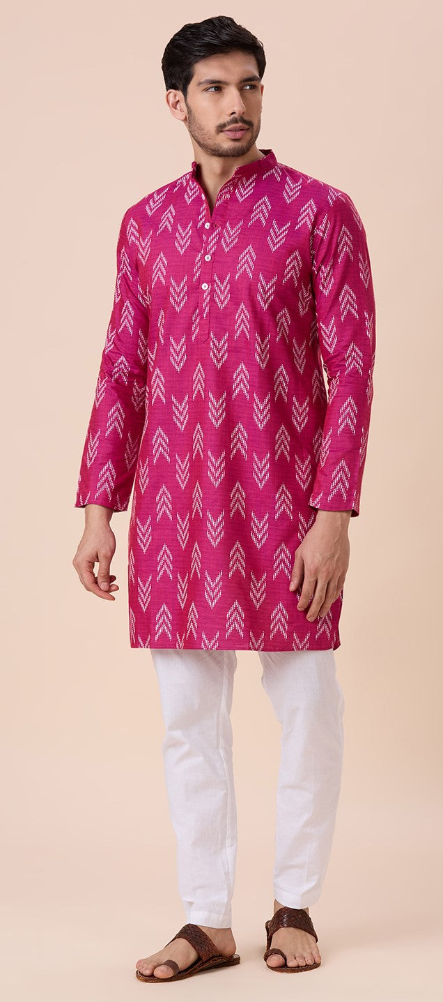 Men's Rani Cotton Blend Relaxed Fit Ikat Printed Knee Length Kurta (Design 119)