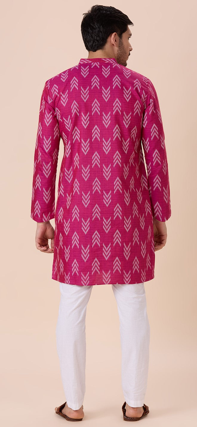 Men's Rani Cotton Blend Relaxed Fit Ikat Printed Knee Length Kurta (Design 119)
