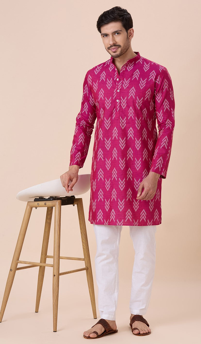 Men's Rani Cotton Blend Relaxed Fit Ikat Printed Knee Length Kurta (Design 119)