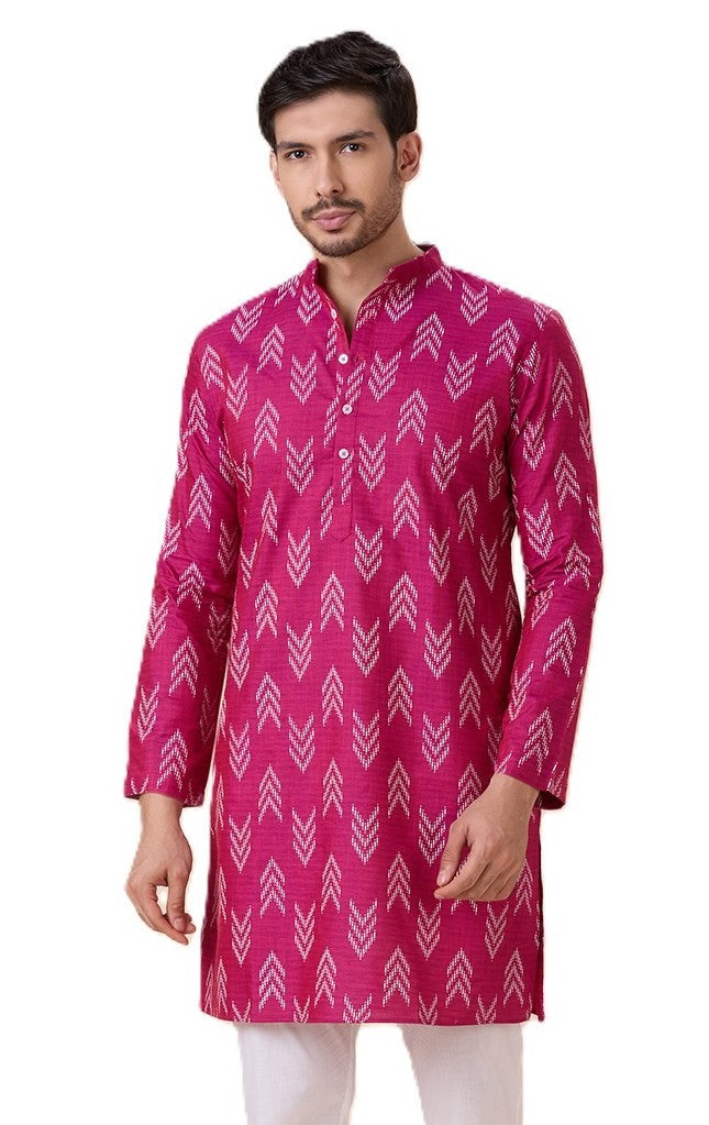 Men's Rani Cotton Blend Relaxed Fit Ikat Printed Knee Length Kurta (Design 119)