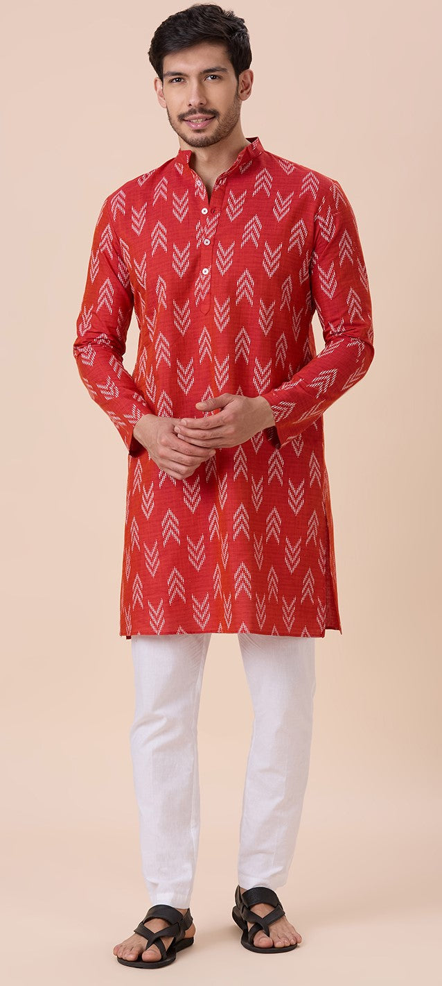Men's Rust Cotton Blend Relaxed Fit Ikat Printed Knee Length Kurta (Design 119)