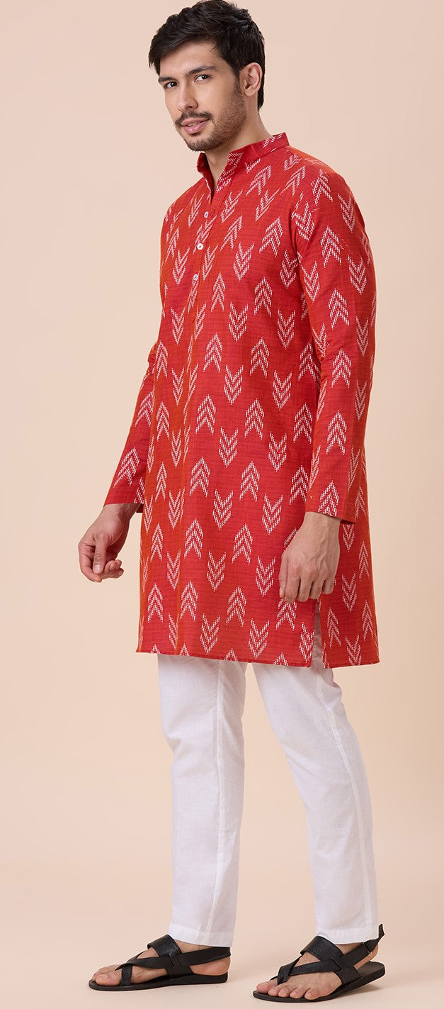 Men's Rust Cotton Blend Relaxed Fit Ikat Printed Knee Length Kurta (Design 119)