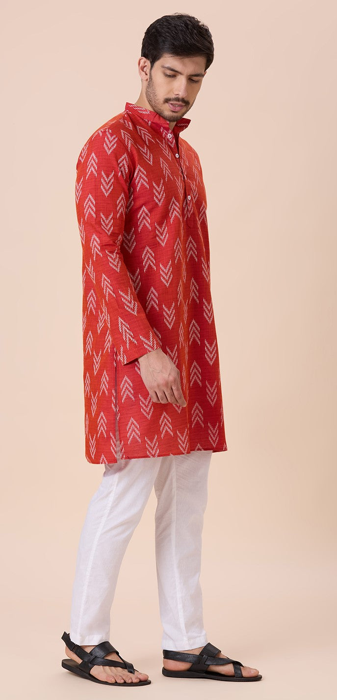 Men's Rust Cotton Blend Relaxed Fit Ikat Printed Knee Length Kurta (Design 119)