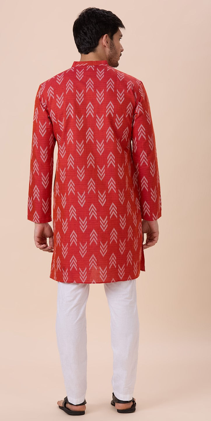 Men's Rust Cotton Blend Relaxed Fit Ikat Printed Knee Length Kurta (Design 119)