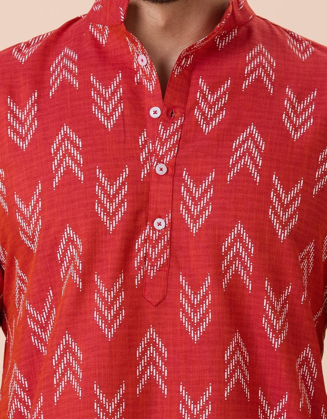 Men's Rust Cotton Blend Relaxed Fit Ikat Printed Knee Length Kurta (Design 119)