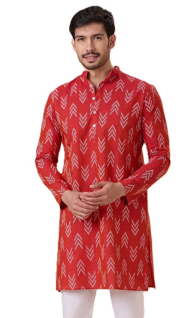 Men's Rust Cotton Blend Relaxed Fit Ikat Printed Knee Length Kurta (Design 119)