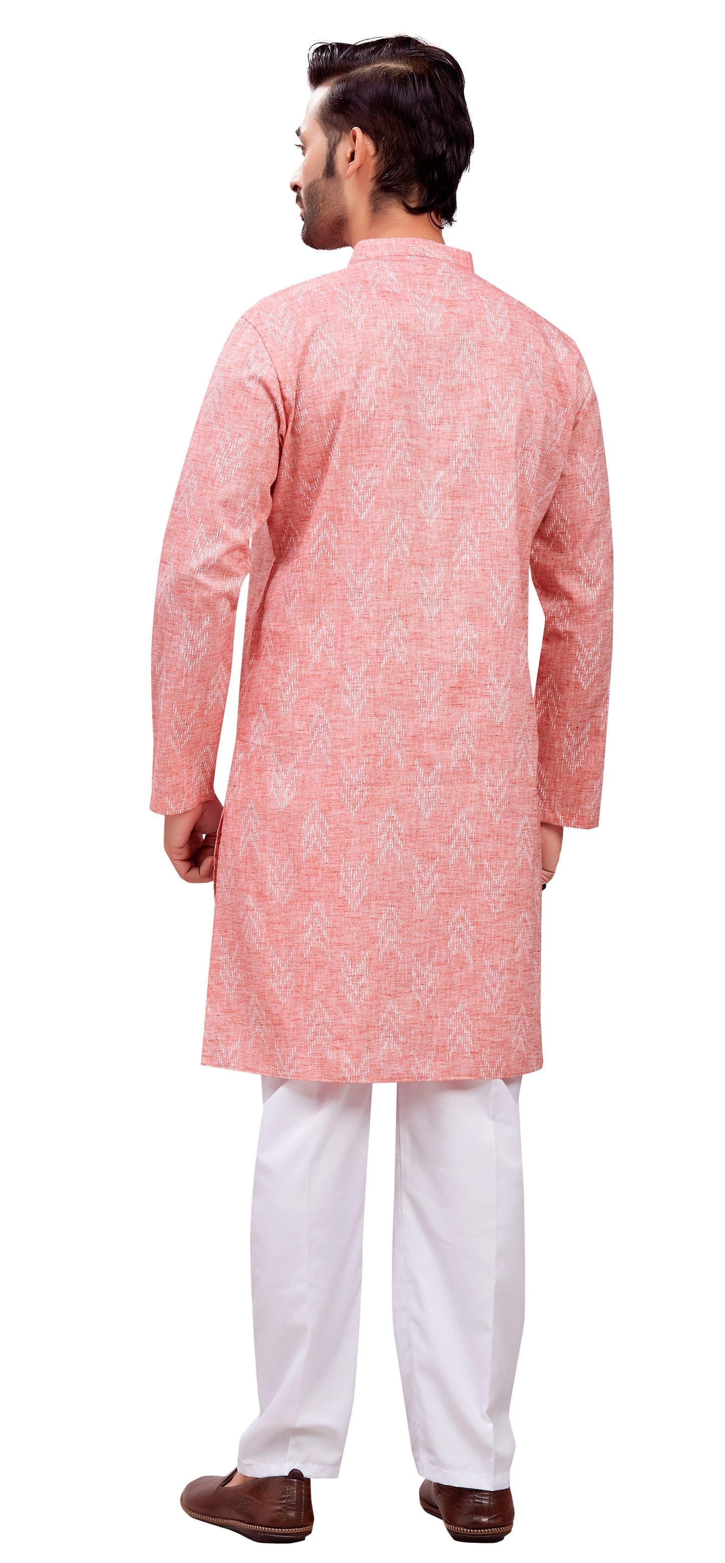 Men's Tomato Cotton Blend Relaxed Fit Ikat Printed Knee Length Kurta (Design 119)