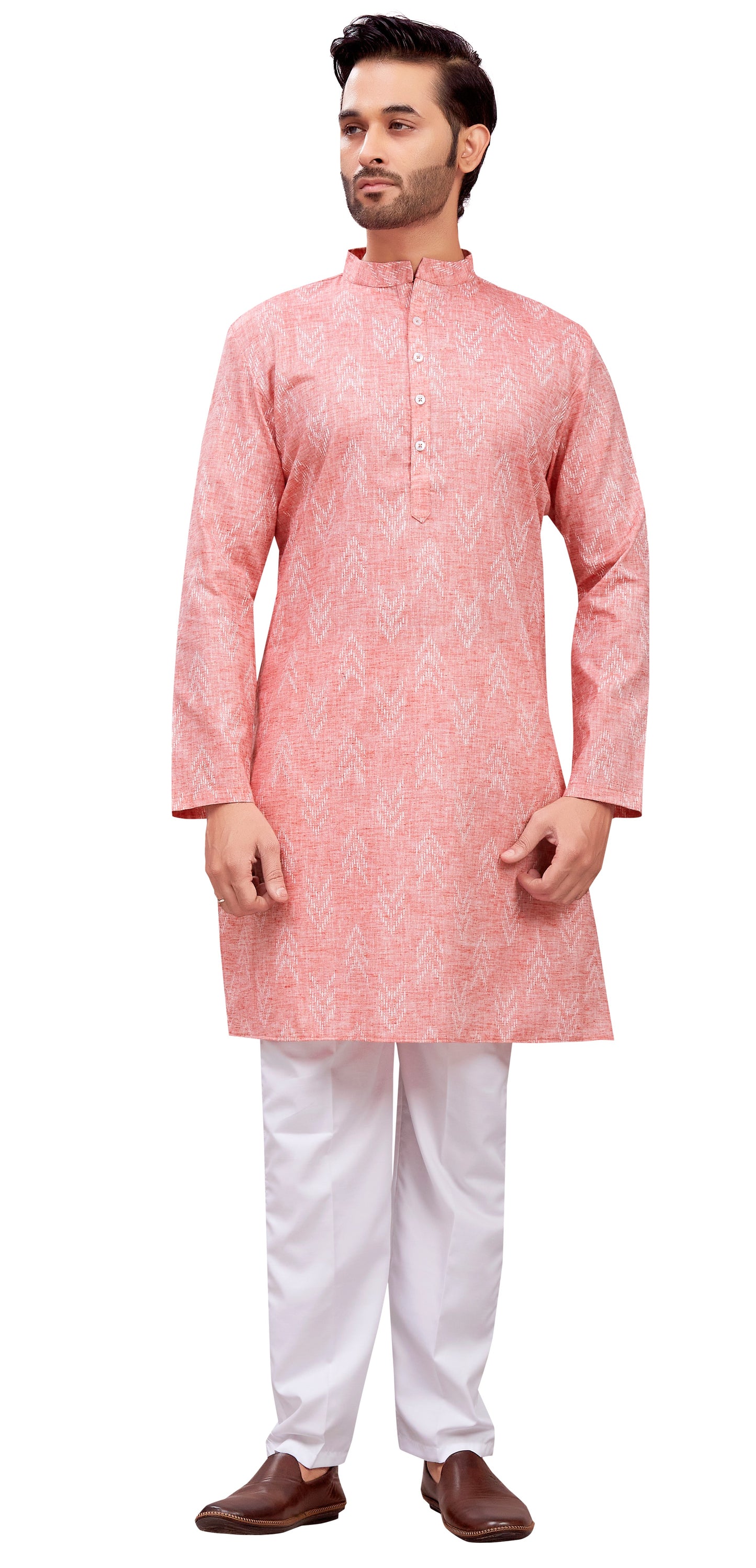 Men's Tomato Cotton Blend Relaxed Fit Ikat Printed Knee Length Kurta (Design 119)