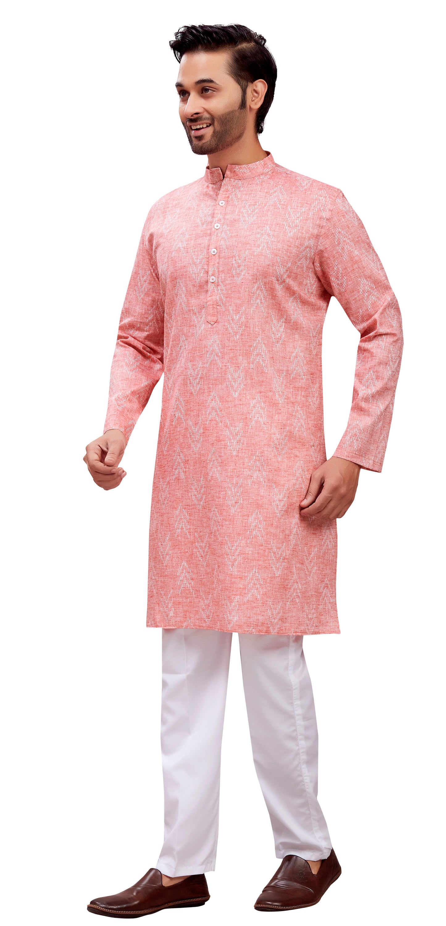 Men's Tomato Cotton Blend Relaxed Fit Ikat Printed Knee Length Kurta (Design 119)