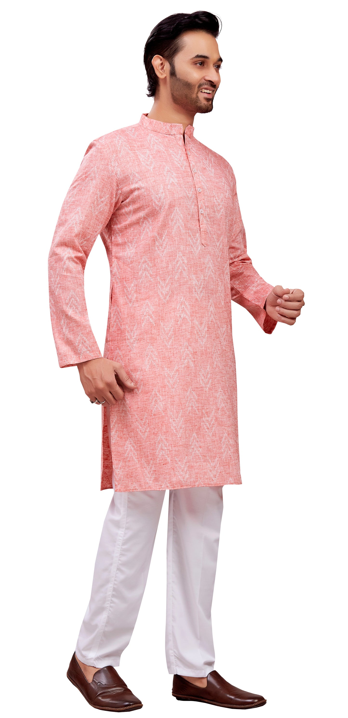 Men's Tomato Cotton Blend Relaxed Fit Ikat Printed Knee Length Kurta (Design 119)