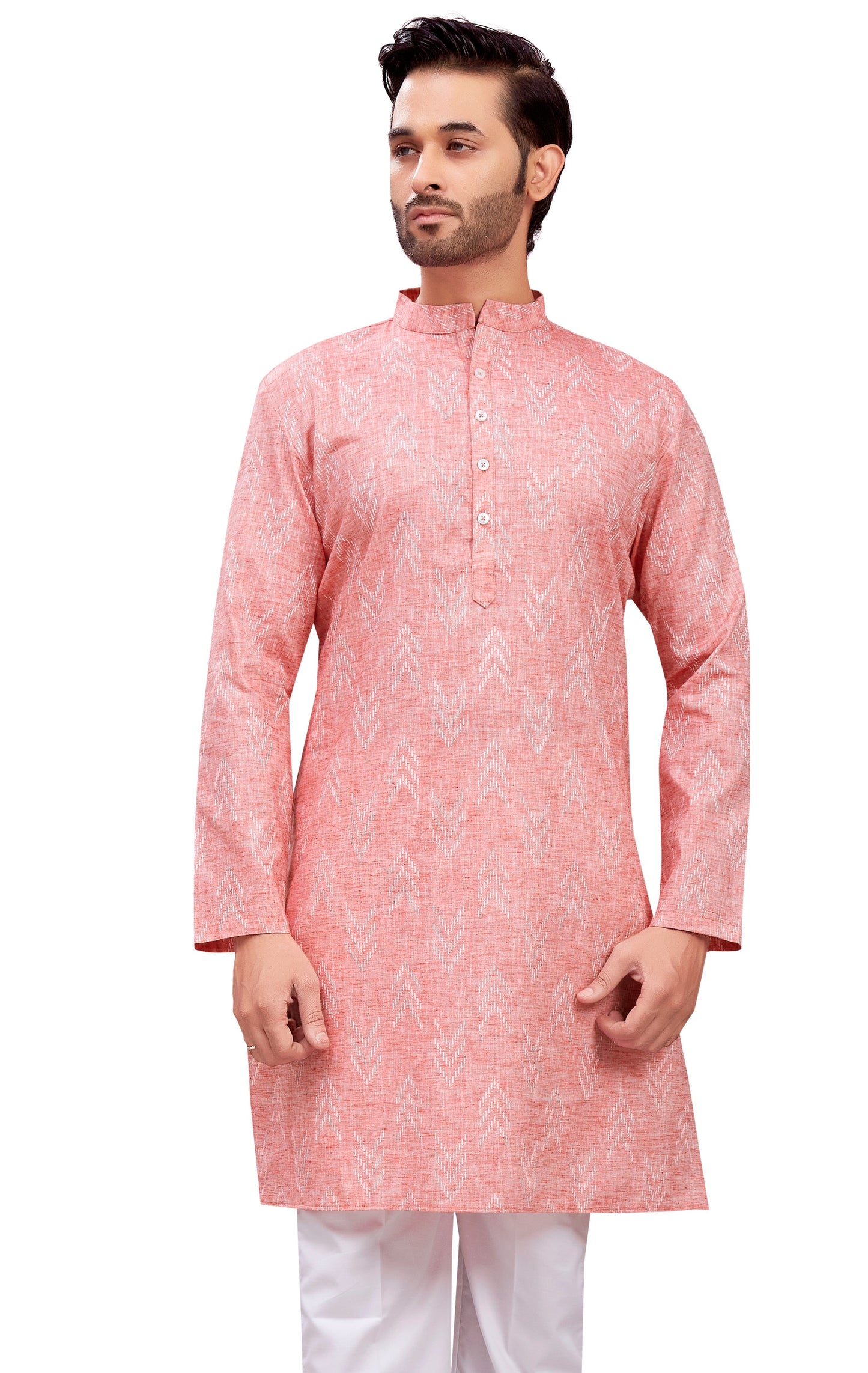 Men's Tomato Cotton Blend Relaxed Fit Ikat Printed Knee Length Kurta (Design 119)
